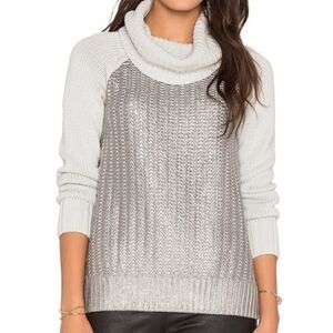 Leo & Sage Metallic Silver and Gray cable knit CowlNeck Chunky sweater